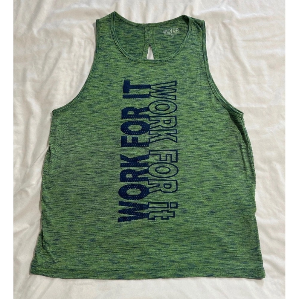 EVCR Womens Work For It Graphic Tank Top Green Space Dye Keyhole Back M2039 S